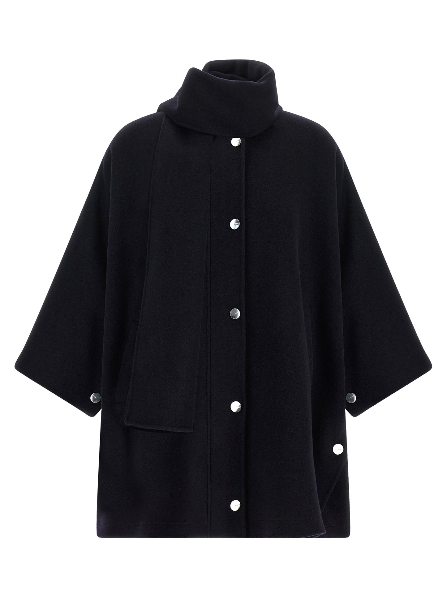 This Cape by PINKO for women in polyamide & wool blue & silver presents a voluminous silhouette, showcasing refined and a sophisticated turtle neckline for a voluminous finish.