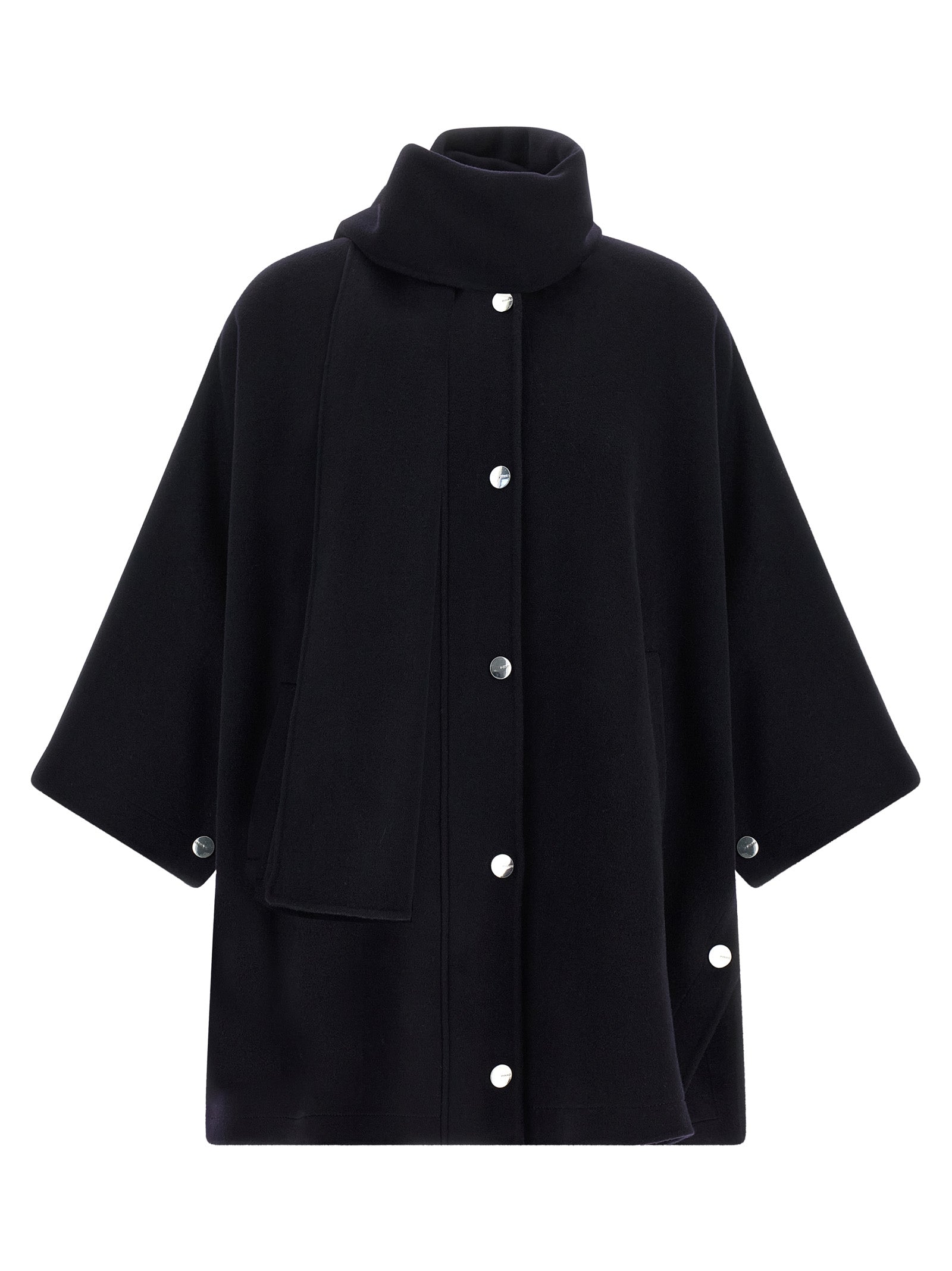 This Cape by PINKO for women in polyamide & wool blue & silver presents a voluminous silhouette, showcasing refined and a sophisticated turtle neckline for a voluminous finish.