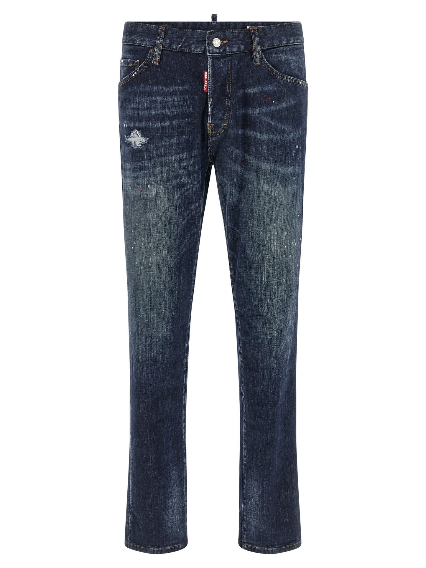 Jeans by Dsquared² for men in stretch denim cotton canvas blue, red & signature presents a tailored silhouette, showcasing a tailored straight-leg and long cut with a refined for a truly tailored aesthetic.