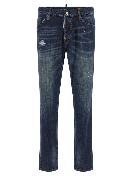 Jeans by Dsquared² for men in stretch denim cotton canvas blue, red & signature presents a tailored silhouette, showcasing a tailored straight-leg and long cut with a refined for a truly tailored aesthetic.