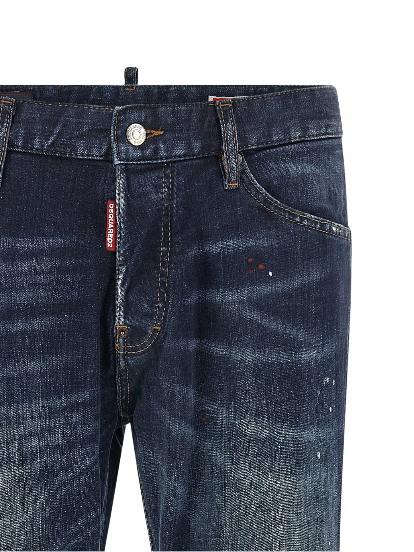 Jeans by Dsquared² for men in stretch denim cotton canvas blue, red & signature features an sophisticated and straight-leg with a precise long, creating a sophisticated and sophisticated silhouette.