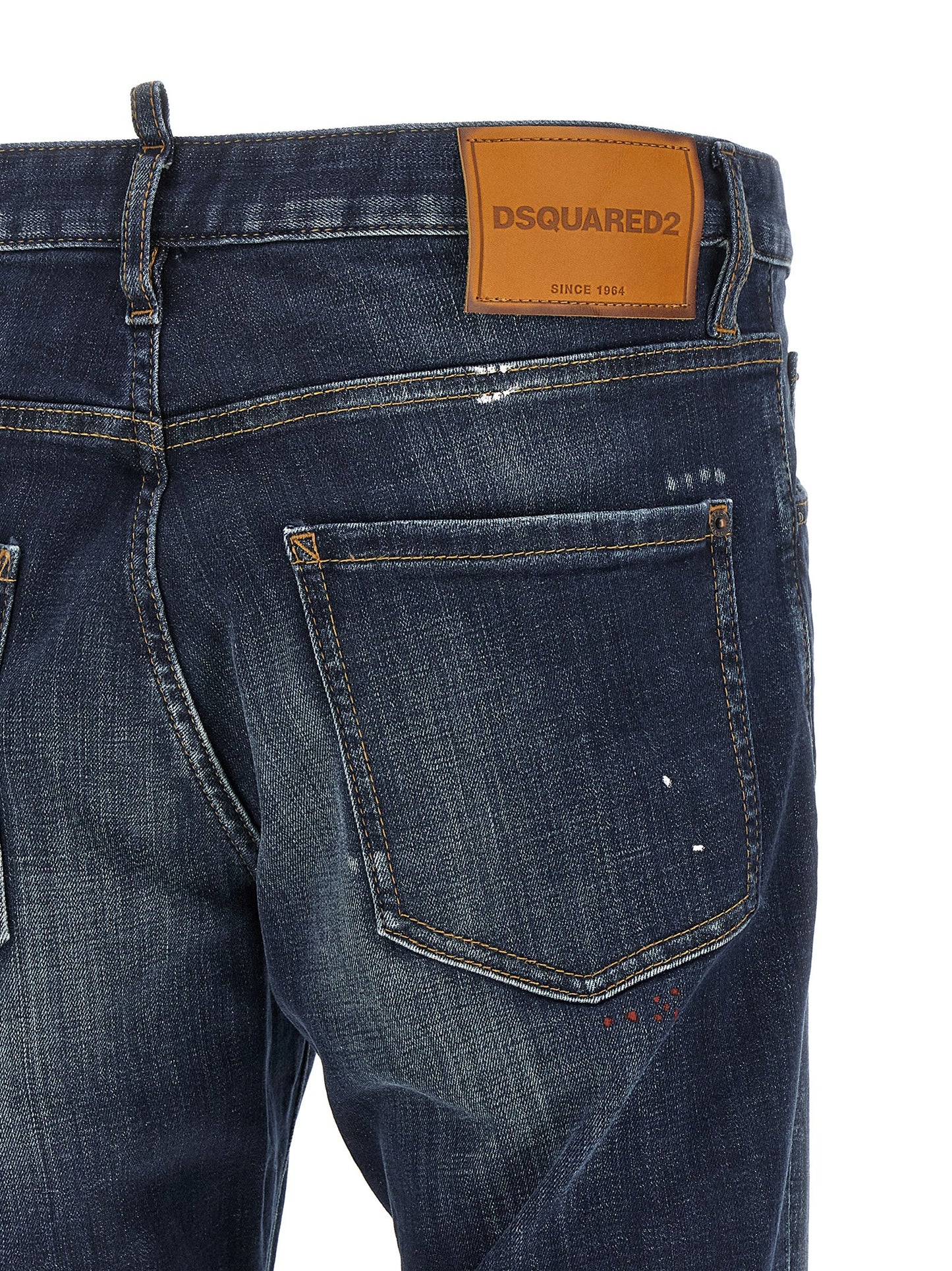 Jeans by Dsquared² for men in stretch denim cotton canvas blue, red & signature presents a tailored silhouette, showcasing a tailored straight-leg and long cut with a refined for a truly tailored aesthetic.