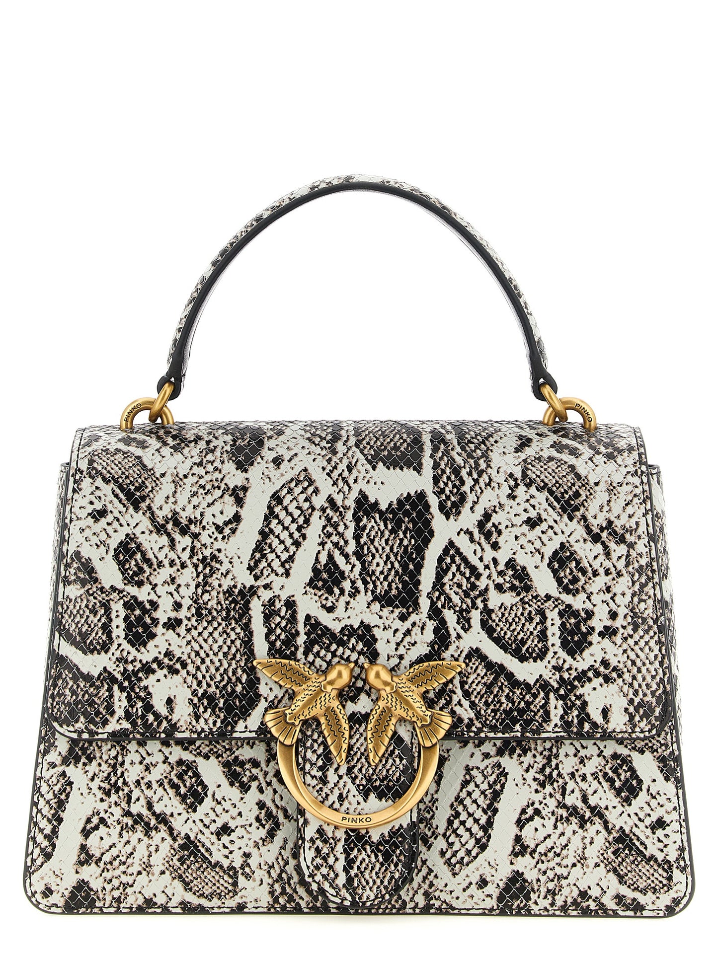 This Flap Handbag by PINKO for women in python calfskin leather and beige, black, gray, gold, white & print presents a sculptural silhouette featuring a secure flap, zipper & buckle, ample internal-pockets, and versatile shoulder-strap, handle & detachable-strap for a sculptural finish.