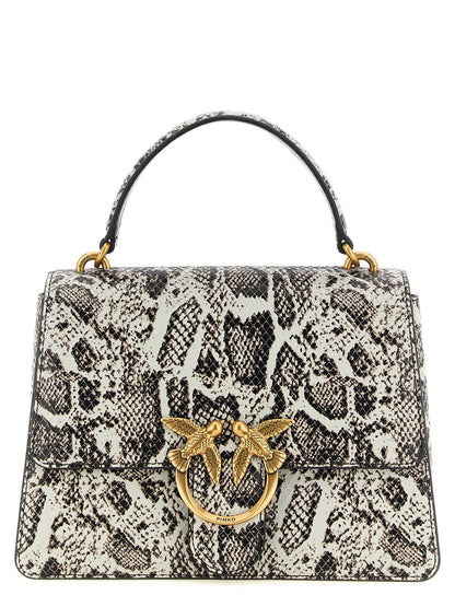 This Flap Handbag by PINKO for women in python calfskin leather and beige, black, gray, gold, white & print presents a sculptural silhouette featuring a secure flap, zipper & buckle, ample internal-pockets, and versatile shoulder-strap, handle & detachable-strap for a sculptural finish.