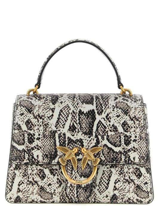 This Flap Handbag by PINKO for women in python calfskin leather and beige, black, gray, gold, white & print presents a sculptural silhouette featuring a secure flap, zipper & buckle, ample internal-pockets, and versatile shoulder-strap, handle & detachable-strap for a sculptural finish.