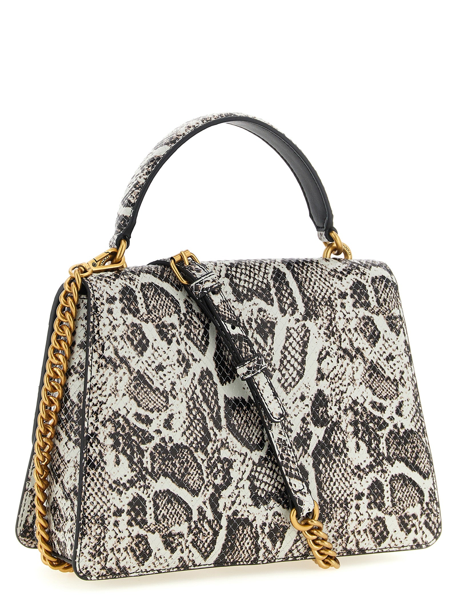 Flap Handbag by PINKO for women in python calfskin leather beige, black, gray, gold, white & print features a signature silhouette, showcasing a secure flap, zipper & buckle and signature internal-pockets with versatile shoulder-strap, handle & detachable-strap for a sophisticated look.