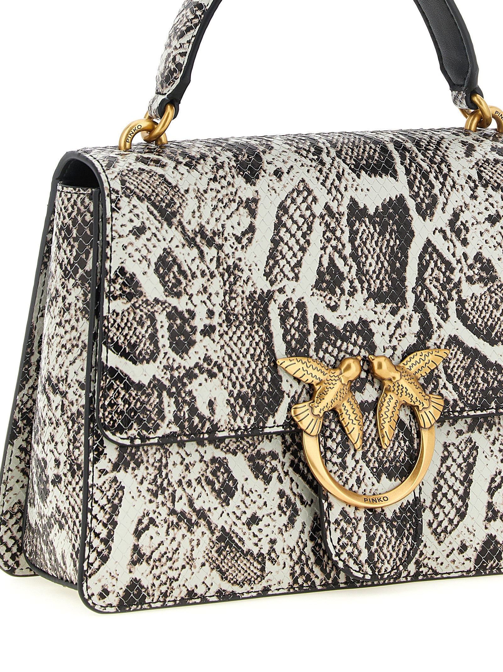 Flap Handbag by PINKO for women in python calfskin leather beige, black, gray, gold, white & print features a contemporary silhouette, showcasing a secure flap, zipper & buckle, ample internal-pockets, and contemporary shoulder-strap, handle & detachable-strap for a sophisticated look.