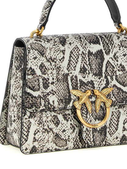 Flap Handbag by PINKO for women in python calfskin leather beige, black, gray, gold, white & print features a contemporary silhouette, showcasing a secure flap, zipper & buckle, ample internal-pockets, and contemporary shoulder-strap, handle & detachable-strap for a sophisticated look.