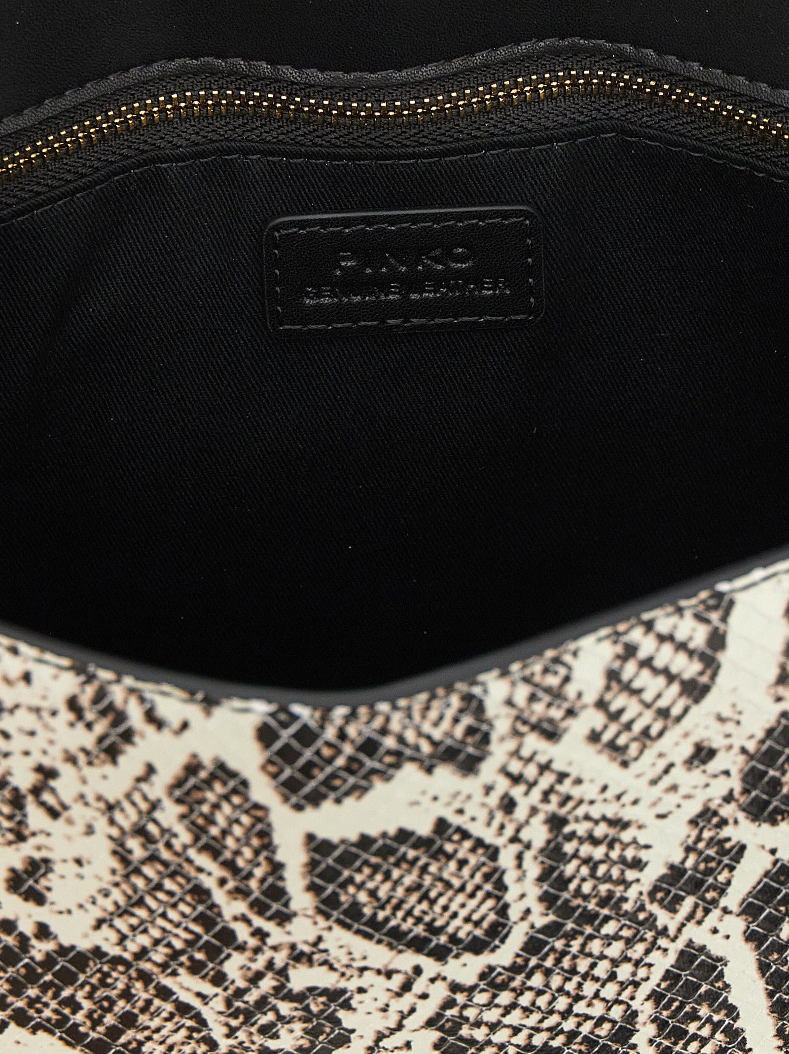 Flap Handbag by PINKO for women in python calfskin leather beige, black, gray, gold, white & print features a exquisite silhouette, showcasing a secure flap, zipper & buckle and exquisite internal-pockets with versatile shoulder-strap, handle & detachable-strap for a exquisite finish.