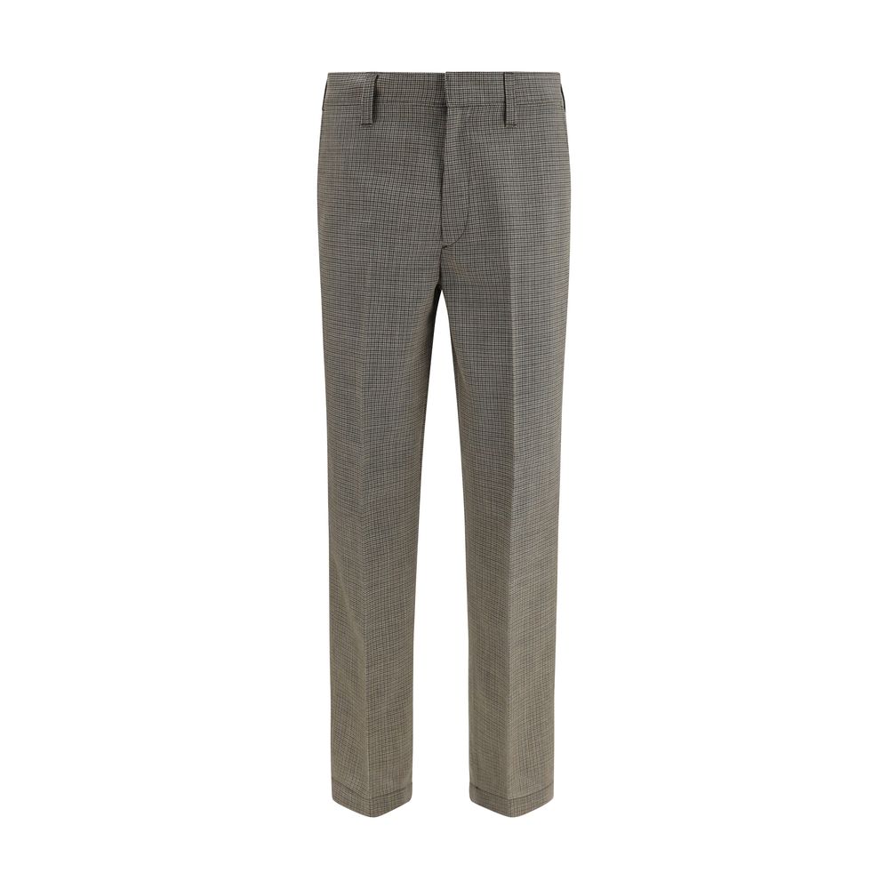 Trousers by Prada for men in wool brown, patterned & checked features a artisanal silhouette, showcasing a sophisticated regular-fit & slim with a long and for a artisanal finish.
