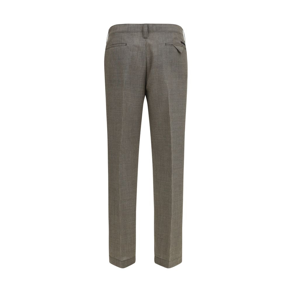Trousers by Prada for men in wool brown, patterned & checked presents a smart silhouette, meticulously detailed with a smart regular-fit & slim, a smart long, and a smart .