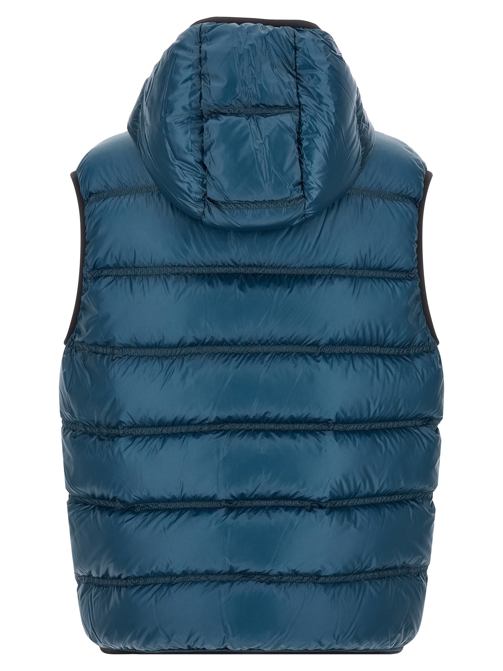 Hooded Vest by Moncler for men in polyamide blue & teal features a chic silhouette, expertly detailed with a refined hooded neckline and premium pockets, hooded & insulated for a truly chic look.