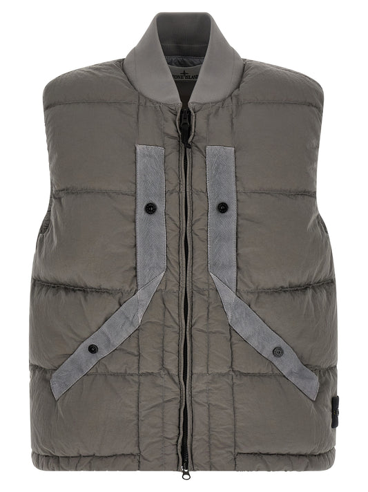 Vest by Stone Island for men in polyamide gray showcases a dynamic silhouette, perfectly balancing with a dynamic for a sophisticated, high-fashion look.