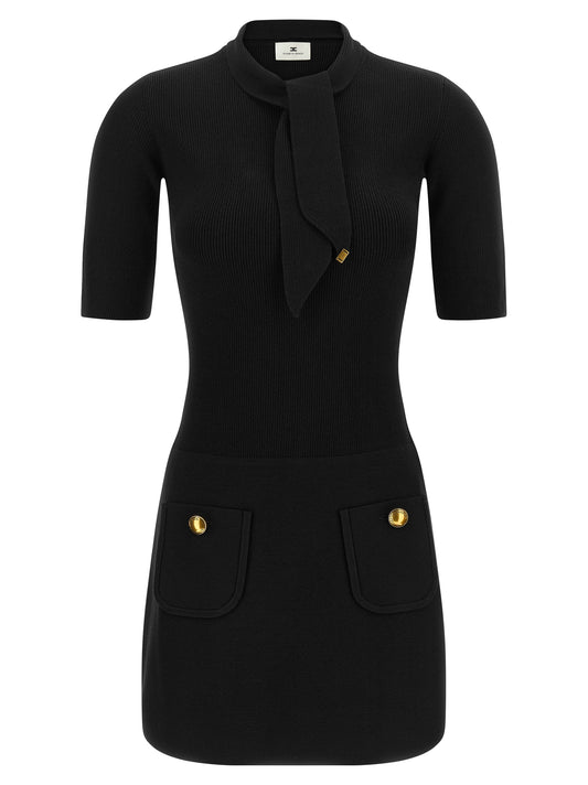 Dress by Elisabetta Franchi for women in polyester & viscose black, gold & patterned features a dramatic silhouette, showcasing an elegant high-neck neckline and short-sleeve that flows into a dramatic short.