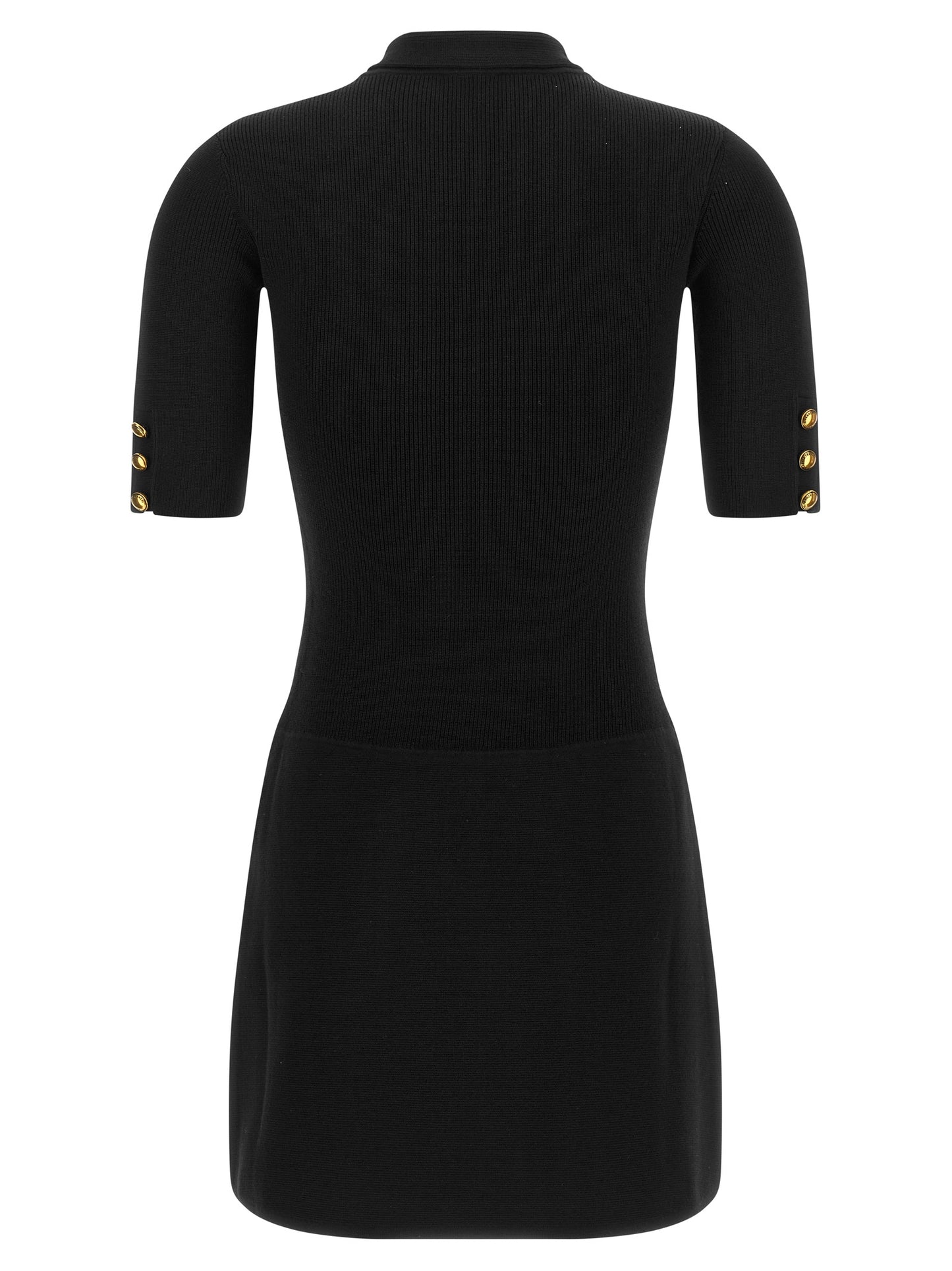 Dress by Elisabetta Franchi for women in polyester & viscose black, gold & patterned features an eye catching silhouette with a sophisticated high-neck neckline, elegant , and a refined short for a eye catching aesthetic.