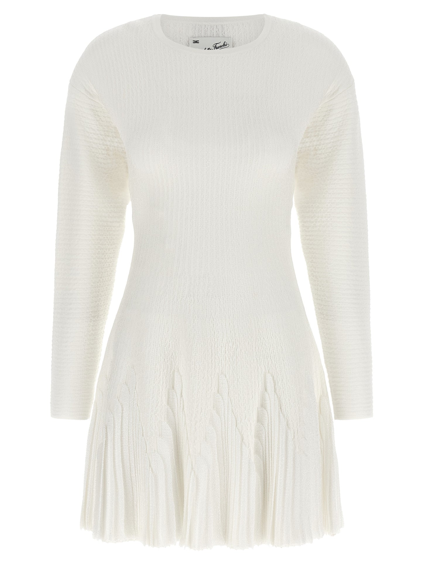 Dress by Elisabetta Franchi for women in polyamide polyester viscose white, patterned & signature features a dramatic silhouette, showcasing an elegant and long-sleeve that flows into a dramatic short.