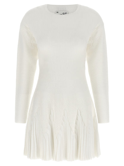 Dress by Elisabetta Franchi for women in polyamide polyester viscose white, patterned & signature features a dramatic silhouette, showcasing an elegant and long-sleeve that flows into a dramatic short.