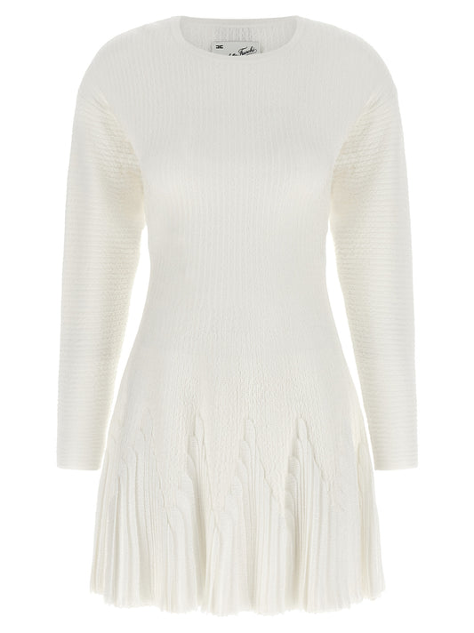 Dress by Elisabetta Franchi for women in polyamide polyester viscose white, patterned & signature features a dramatic silhouette, showcasing an elegant and long-sleeve that flows into a dramatic short.