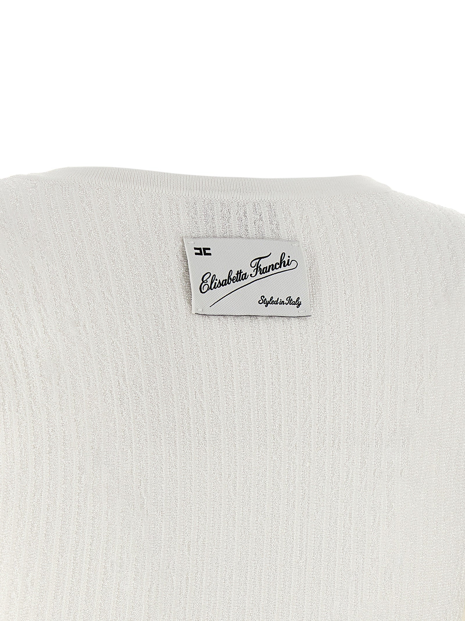 Dress by Elisabetta Franchi for women in polyamide polyester viscose white, patterned & signature showcases a striking silhouette, elegantly detailed with a , refined , and a striking short for a striking finish.