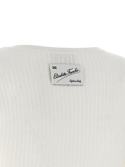 Dress by Elisabetta Franchi for women in polyamide polyester viscose white, patterned & signature showcases a striking silhouette, elegantly detailed with a , refined , and a striking short for a striking finish.