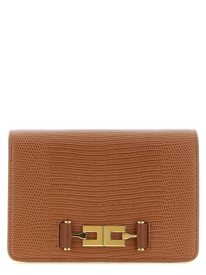 Shoulder Clutch Handbag by Elisabetta Franchi for women in polyester & polyurethane brown & gold showcases a sculptural silhouette, featuring a secure zipper, ample , and versatile shoulder-strap for a sculptural finish.