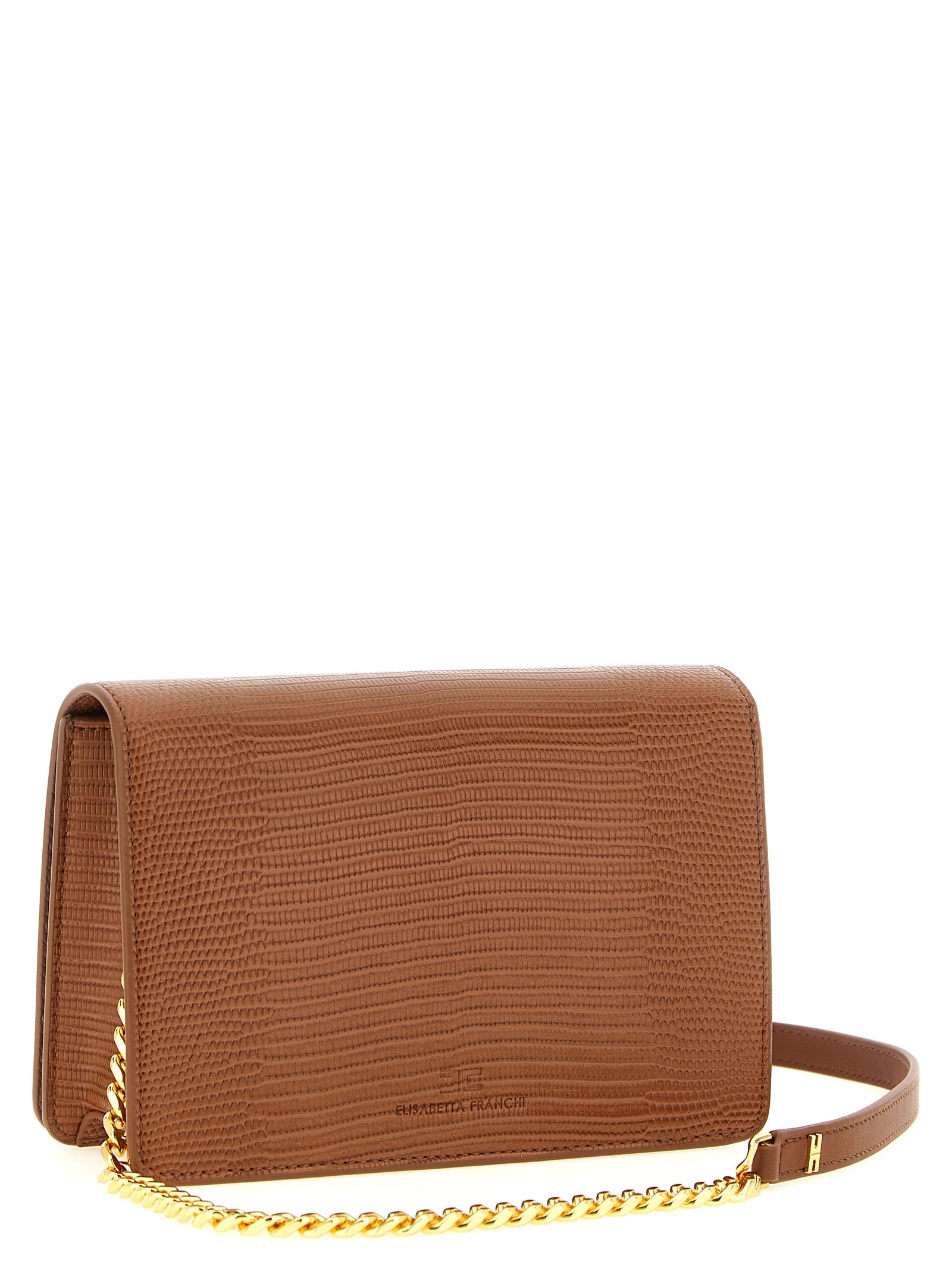 Shoulder Clutch Handbag by Elisabetta Franchi for women in polyester & polyurethane brown & gold features a architectural silhouette, showcasing a secure zipper, ample , and versatile shoulder-strap for a architectural finish.