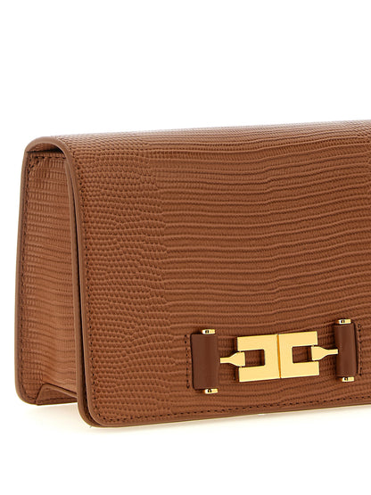 Shoulder Clutch Handbag by Elisabetta Franchi for women in polyester & polyurethane brown & gold features a sculptural silhouette with a secure zipper, organized , and versatile shoulder-strap for a sculptural finish.