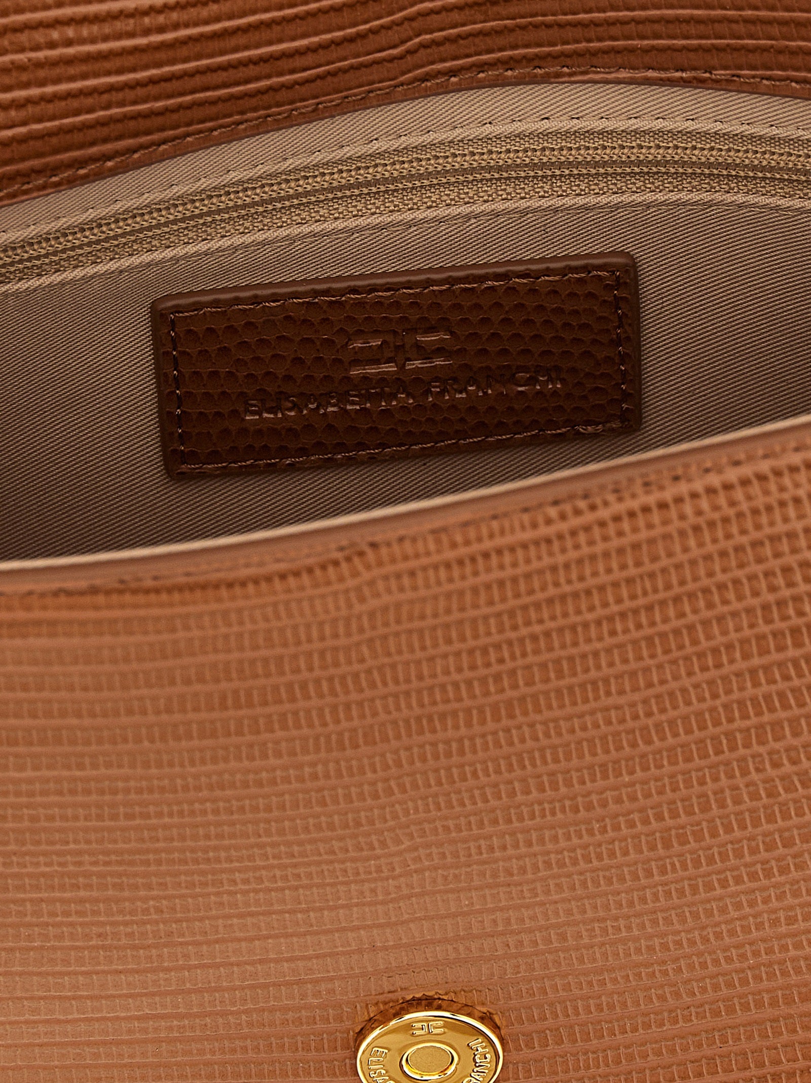 Shoulder Clutch Handbag by Elisabetta Franchi for women in polyester & polyurethane brown & gold features an sculptural silhouette, showcasing a secure zipper and sculptural with versatile shoulder-strap for a sophisticated look.