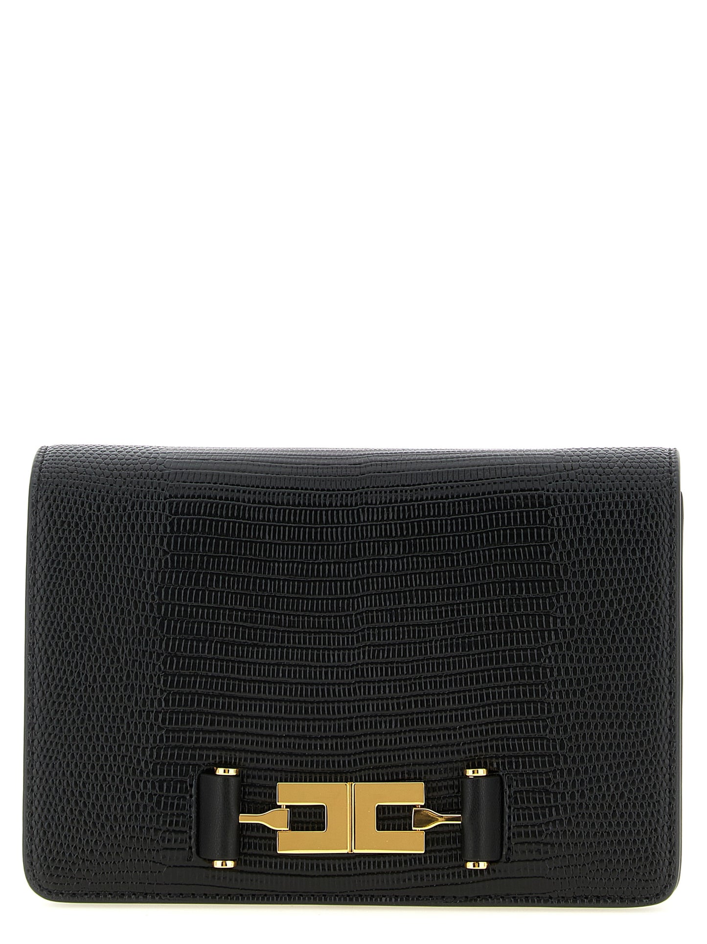 Shoulder Flap Clutch Handbag by Elisabetta Franchi for women in polyester & polyurethane black, gold & print features an sculptural silhouette, showcasing a secure flap & zipper and sculptural with versatile shoulder-strap for a sophisticated look.