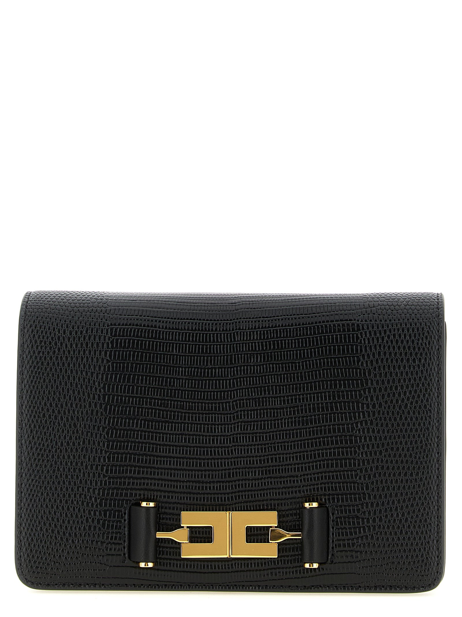 Shoulder Flap Clutch Handbag by Elisabetta Franchi for women in polyester & polyurethane black, gold & print features an sculptural silhouette, showcasing a secure flap & zipper and sculptural with versatile shoulder-strap for a sophisticated look.