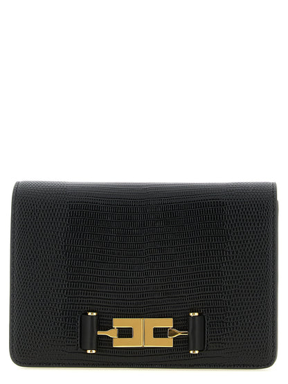 Shoulder Flap Clutch Handbag by Elisabetta Franchi for women in polyester & polyurethane black, gold & print features an sculptural silhouette, showcasing a secure flap & zipper and sculptural with versatile shoulder-strap for a sophisticated look.