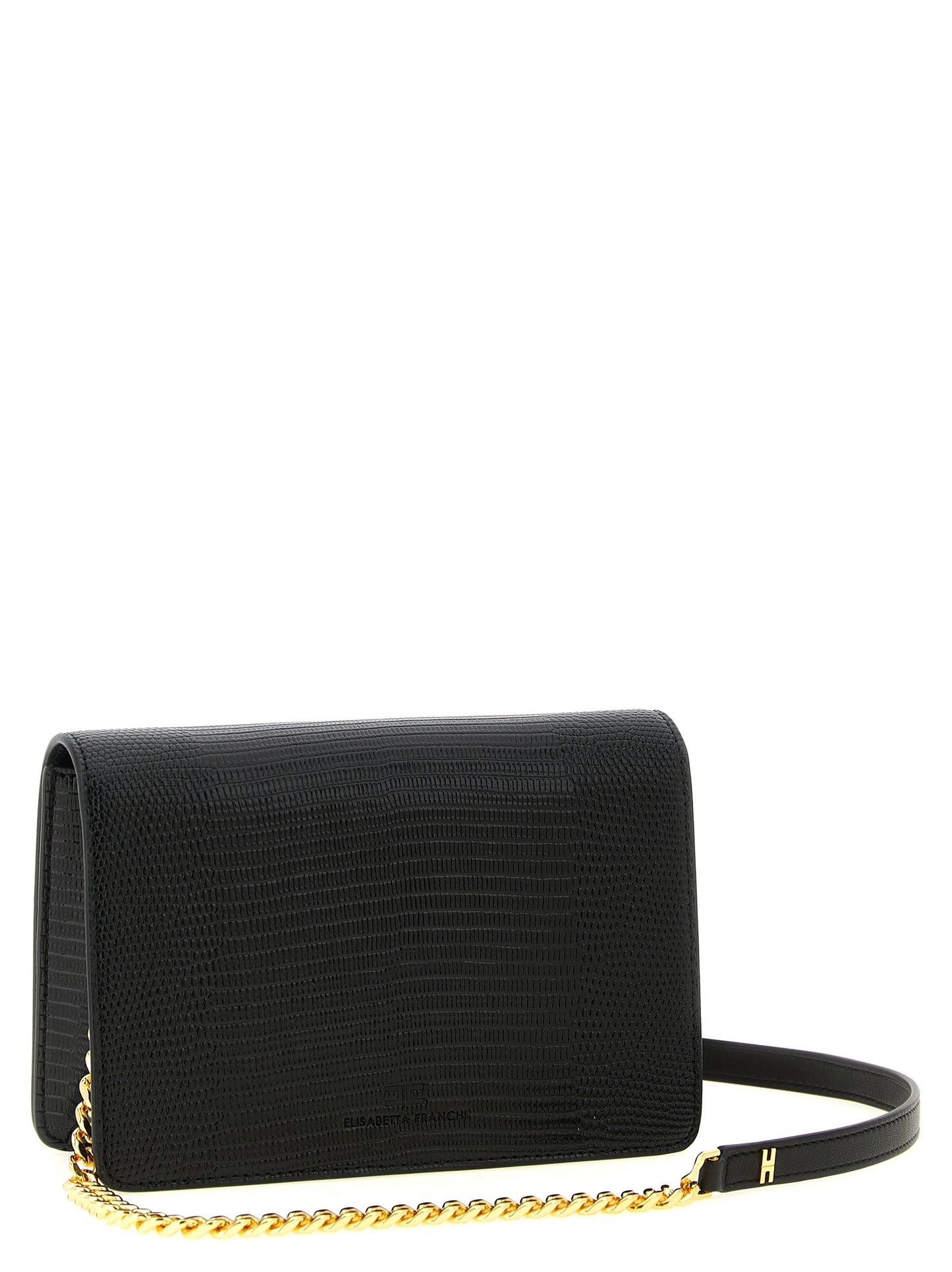 Shoulder Flap Clutch Handbag by Elisabetta Franchi for women in polyester & polyurethane black, gold & print features a statuesque silhouette, showcasing a secure flap & zipper and organized with versatile shoulder-strap for statuesque evening wear.