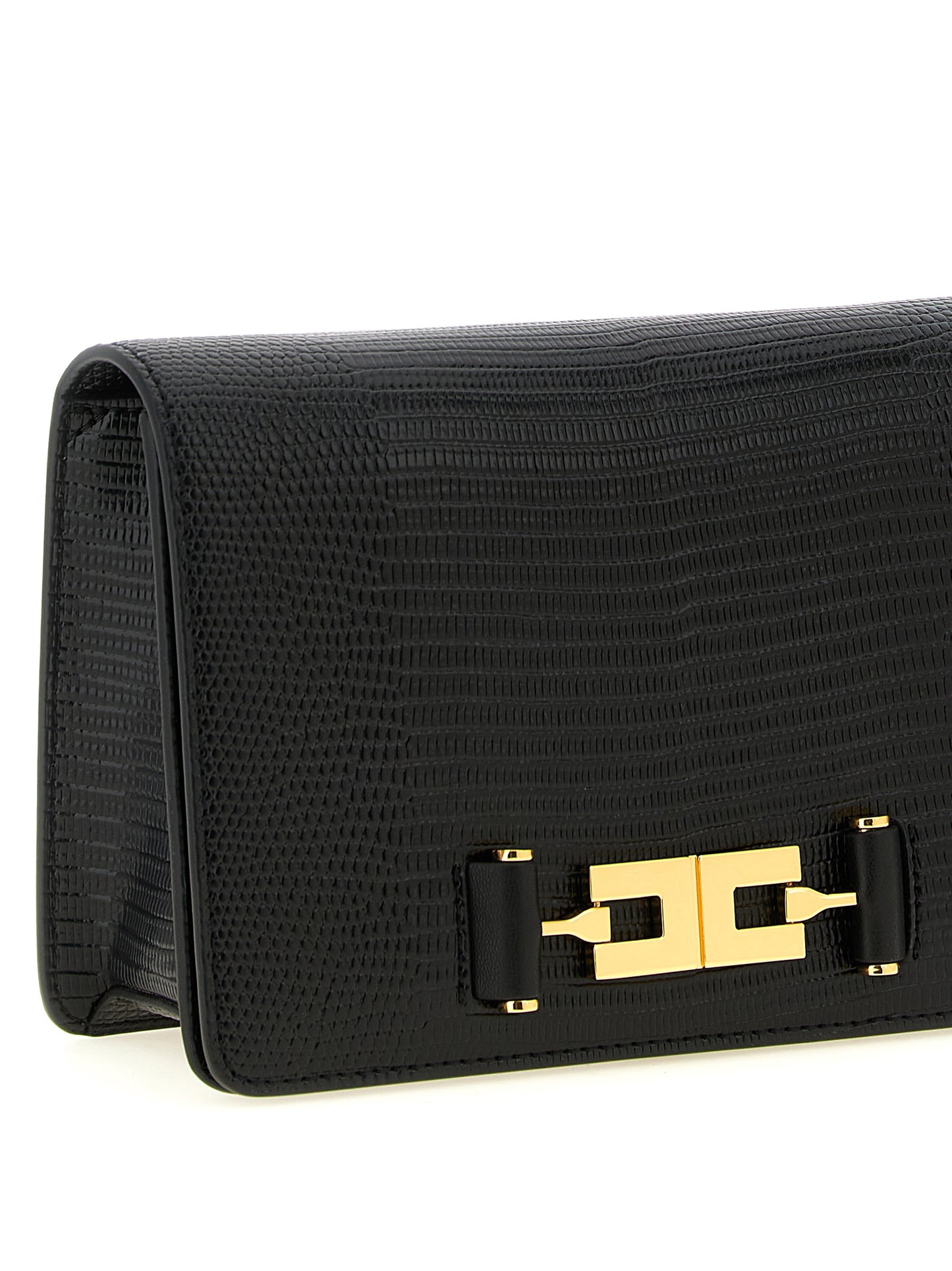 Shoulder Flap Clutch Handbag by Elisabetta Franchi for women in polyester & polyurethane black, gold & print features a sculptural silhouette with a secure flap & zipper, ample , and versatile shoulder-strap for a sculptural finish.
