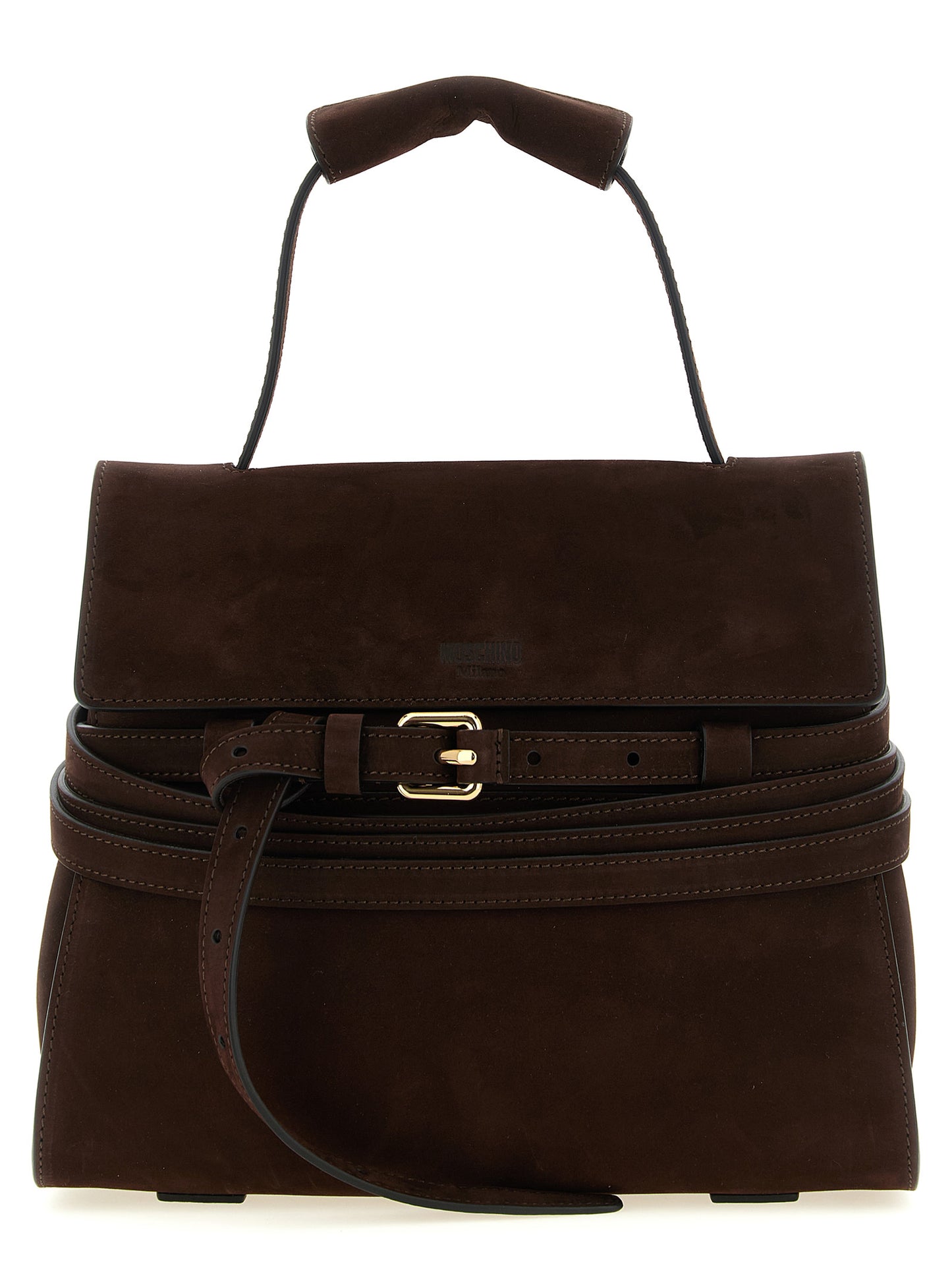 Small Shoulder Flap Handbag by Moschino for women in nubuck calfskin leather brown & gold features a refined silhouette, showcasing a secure flap & buckle, organized , and versatile handle, adjustable-strap & belt-strap for a refined finish.
