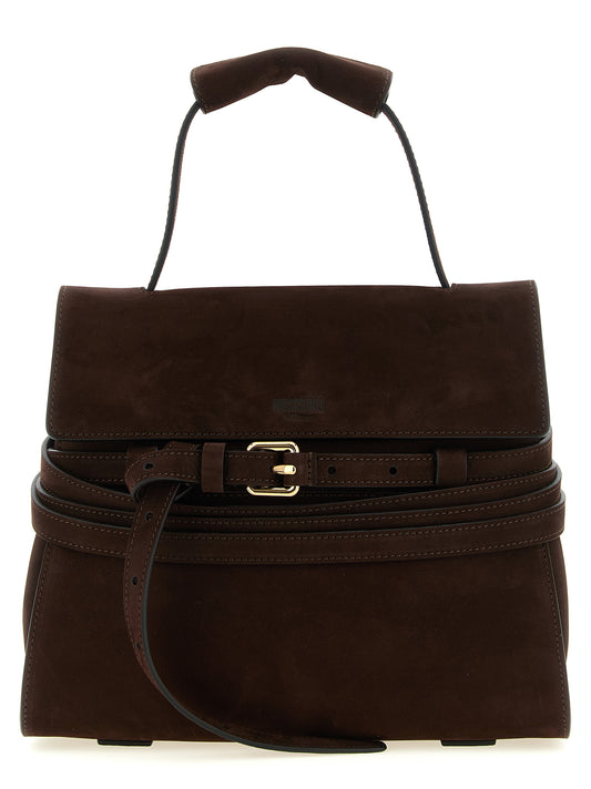 Small Shoulder Flap Handbag by Moschino for women in nubuck calfskin leather brown & gold features a refined silhouette, showcasing a secure flap & buckle, organized , and versatile handle, adjustable-strap & belt-strap for a refined finish.