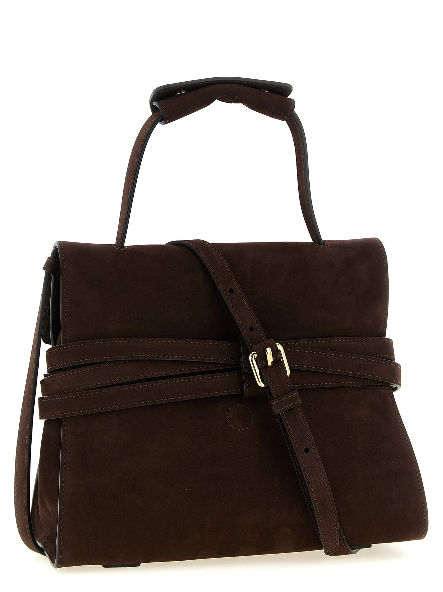 Small Shoulder Flap Handbag by Moschino for women in nubuck calfskin leather brown & gold features a signature silhouette, showcasing a secure flap & buckle and signature with versatile handle, adjustable-strap & belt-strap for a sophisticated look.
