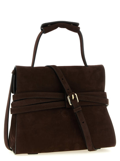 Small Shoulder Flap Handbag by Moschino for women in nubuck calfskin leather brown & gold features a signature silhouette, showcasing a secure flap & buckle and signature with versatile handle, adjustable-strap & belt-strap for a sophisticated look.