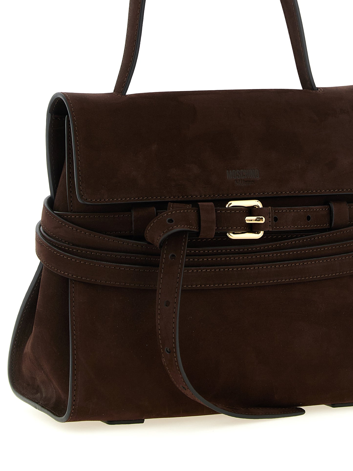 This Small Shoulder Flap Handbag by Moschino for women in nubuck calfskin leather and brown & gold presents a sculptural silhouette featuring a secure flap & buckle, ample , and versatile handle, adjustable-strap & belt-strap for a sculptural finish.