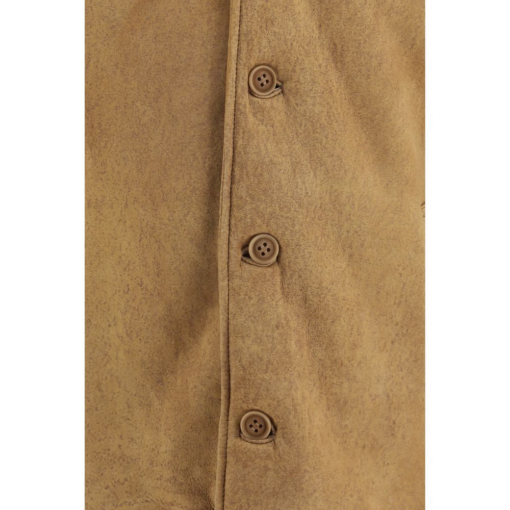 Overcoat by Salvatore Santoro for men in leather & fur brown features an satoral silhouette, showcasing a sophisticated shirt-collar neckline and satoral pockets for a premium, timeless look.