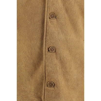 Overcoat by Salvatore Santoro for men in leather & fur brown features an satoral silhouette, showcasing a sophisticated shirt-collar neckline and satoral pockets for a premium, timeless look.