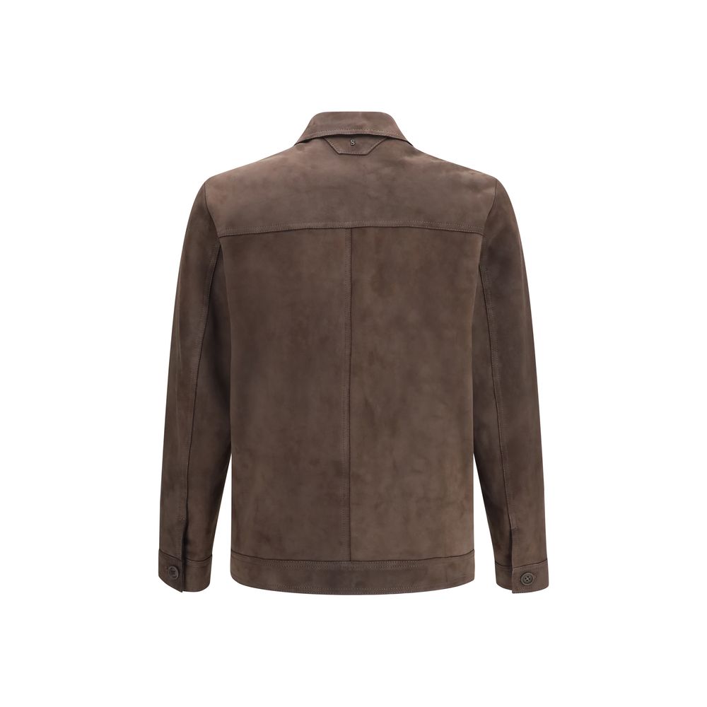 Jacket by Salvatore Santoro for men in leather & metal brown showcases a contemporary silhouette, detailed with a contemporary shirt-collar neckline and premium pockets for a sophisticated finish.