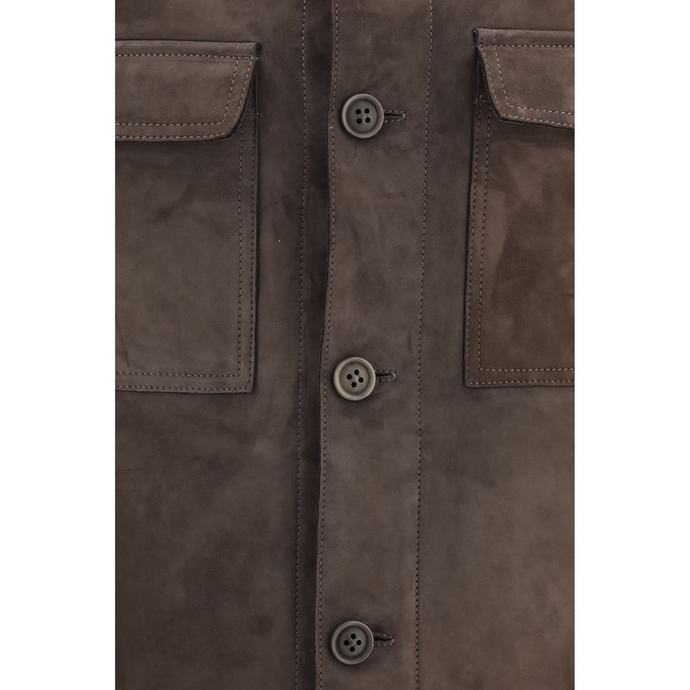 Jacket by Salvatore Santoro for men in leather & metal brown showcases a enveloping silhouette, artfully detailed with a enveloping shirt-collar neckline and premium pockets for a truly enveloping finish.
