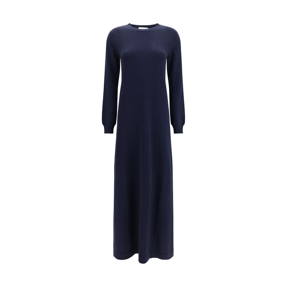 Dress by Malo for women in cashmere & capra leather blue showcases a striking silhouette, elegantly detailed with a long-sleeve, refined crew neckline, and a striking long for a striking finish.