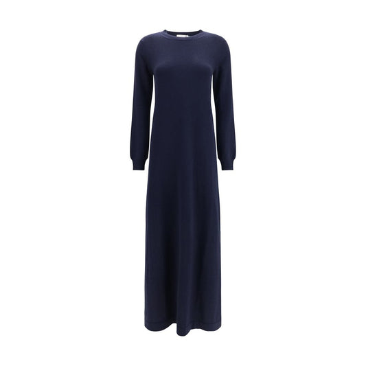 Dress by Malo for women in cashmere & capra leather blue showcases a striking silhouette, elegantly detailed with a long-sleeve, refined crew neckline, and a striking long for a striking finish.