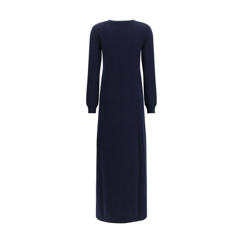 Dress by Malo for women in cashmere & capra leather blue features a dramatic silhouette, showcasing an elegant crew neckline and that flows into a dramatic long.
