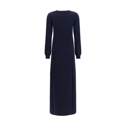 Dress by Malo for women in cashmere & capra leather blue features a dramatic silhouette, showcasing an elegant crew neckline and that flows into a dramatic long.