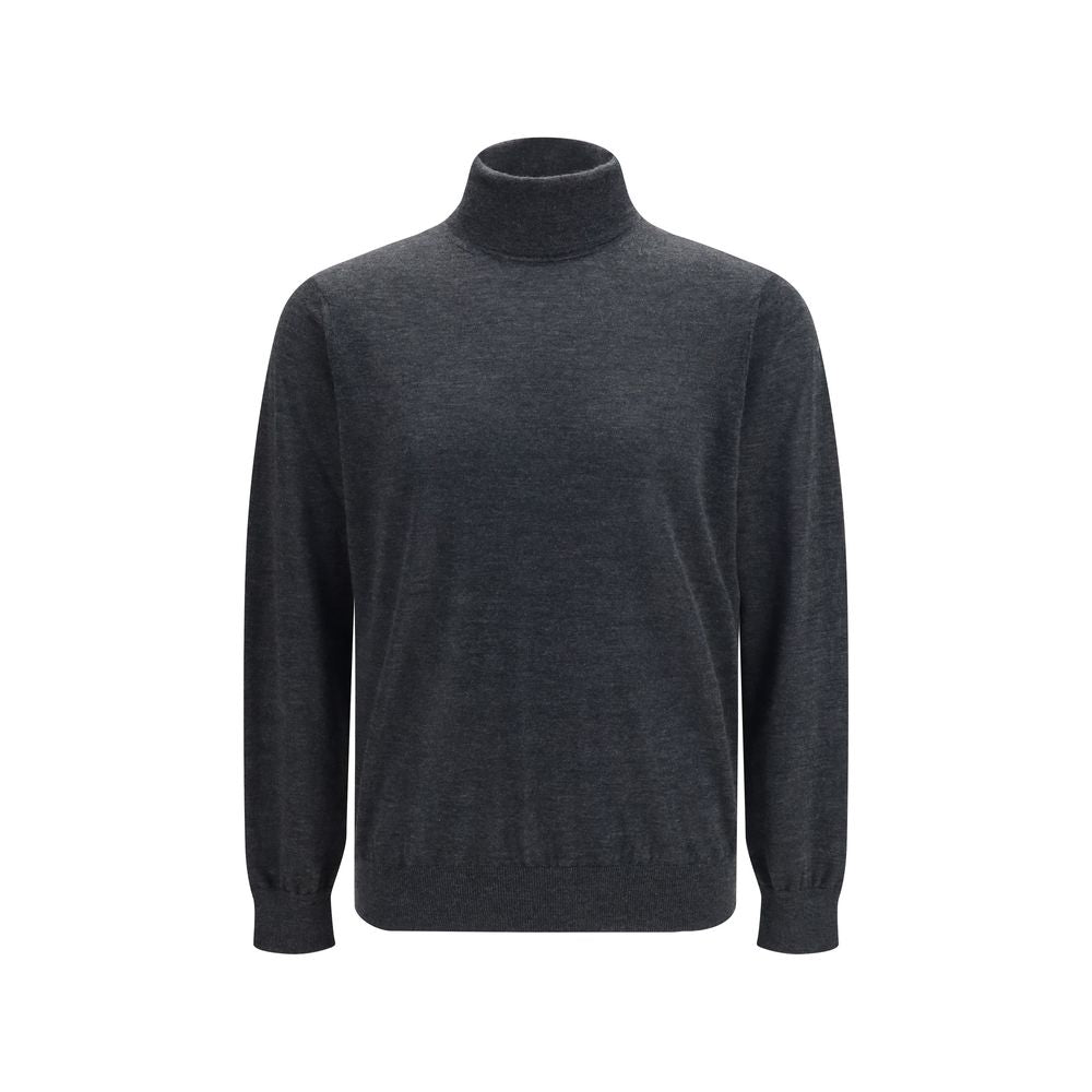 Sweater by Giorgio Armani for men in cashmere & capra leather gray & natural showcases an masterful silhouette, artfully detailed with a masterful turtle high-neck neckline and for a sophisticated, premium finish.