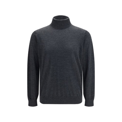 Sweater by Giorgio Armani for men in cashmere & capra leather gray & natural showcases an masterful silhouette, artfully detailed with a masterful turtle high-neck neckline and for a sophisticated, premium finish.