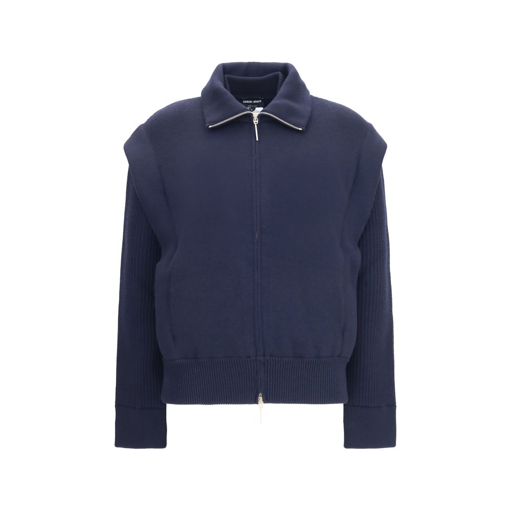 Bomber Jacket by Giorgio Armani for women in polyamide capra leather & virgin wool blue showcases a bohemian silhouette, artfully detailed with a bohemian high-collar neckline and signature pockets & insulated for a truly bohemian finish.