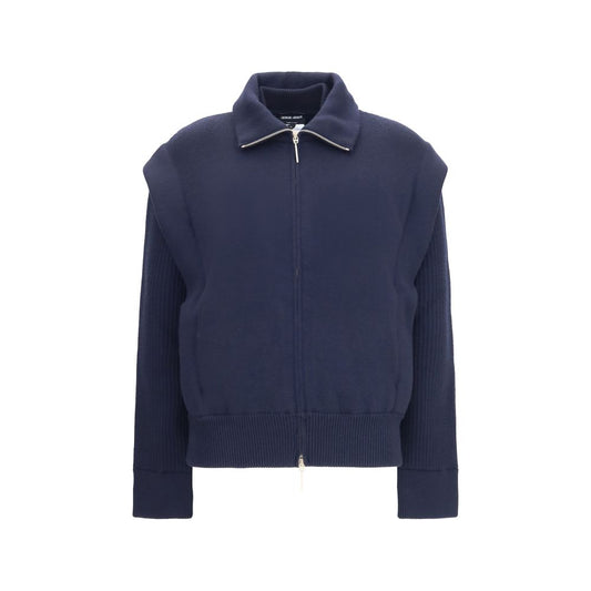 Bomber Jacket by Giorgio Armani for women in polyamide capra leather & virgin wool blue showcases a bohemian silhouette, artfully detailed with a bohemian high-collar neckline and signature pockets & insulated for a truly bohemian finish.